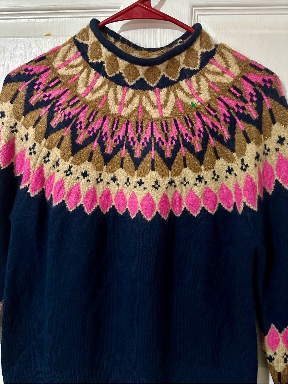 CeCe Navy Fair Isle Turtleneck Sweater with Pink and Tan Accents